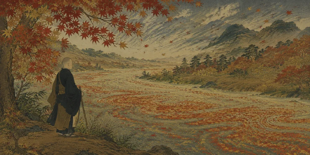 「あらし吹く み室の山の もみぢばは」の情景画